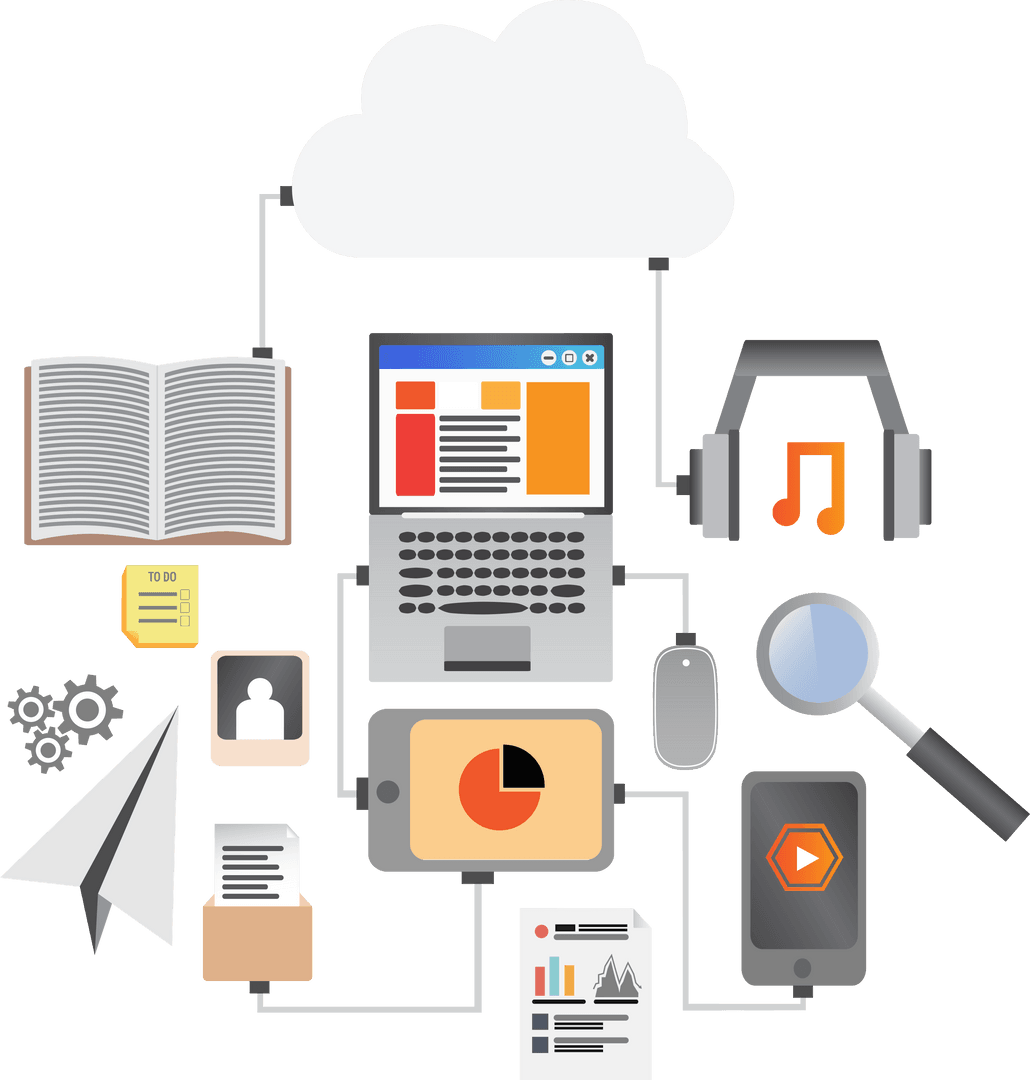 Transparent Business and Media Icons on Modern Digital Workspace