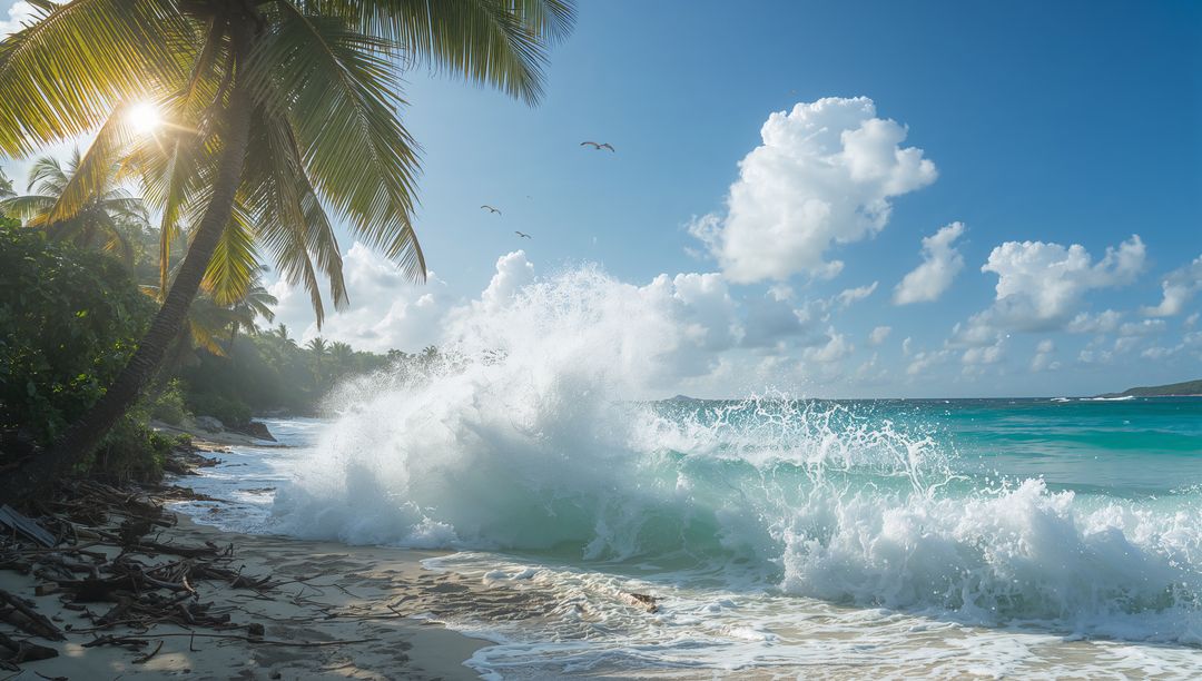 Tropical ocean wave crashing on sandy shoreline