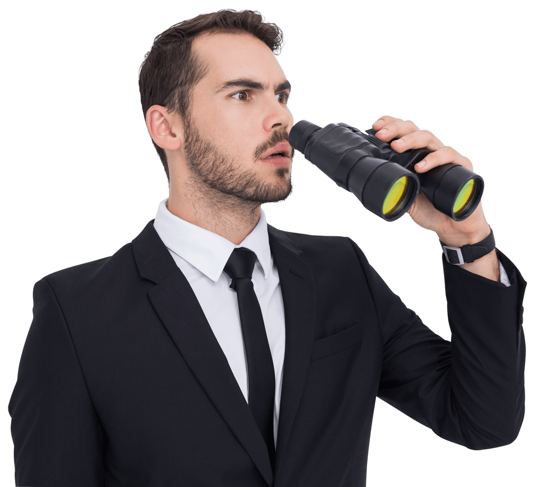 Surprised Businessman with Binoculars on Transparent Background