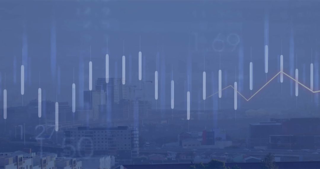 Financial Data Projection Over Cityscape at Dusk