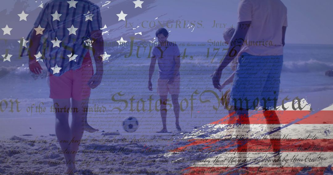 Diverse Group Playing Soccer on Beach with USA Flag Overlay