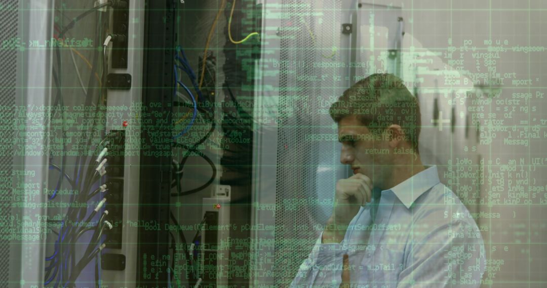 IT Professional Analyzing Server in Data Center with Code Overlay - Free Images, Stock Photos and Pictures on Pikwizard.com