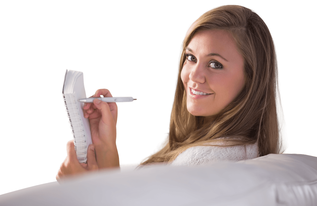 Transparent Background Young Woman Writing in Notebook
