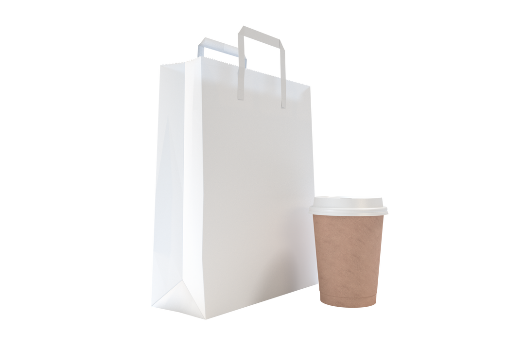 Isolated White Shopping Bag and Brown Takeaway Coffee Cup on Transparent Background - Download Free Stock Images Pikwizard.com