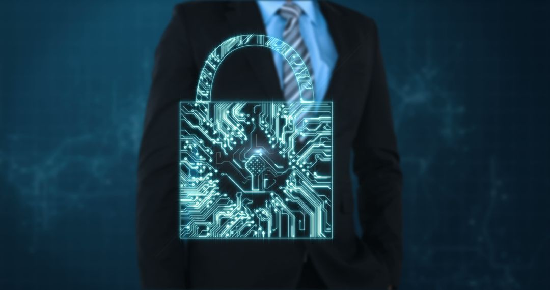 Businessman with Digital Lock Graphic Highlighting Cybersecurity - Free Images, Stock Photos and Pictures on Pikwizard.com