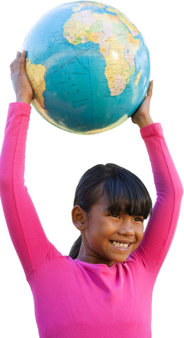 Transparent little girl smiling and holding globe above her head outdoors - Download Free Stock Images Pikwizard.com