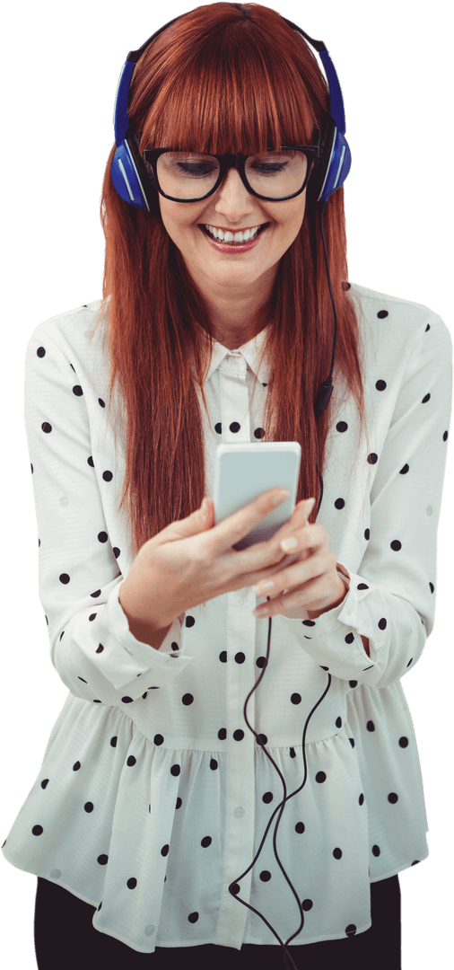 Smiling Woman in Transparent Headphones Using Smartphone