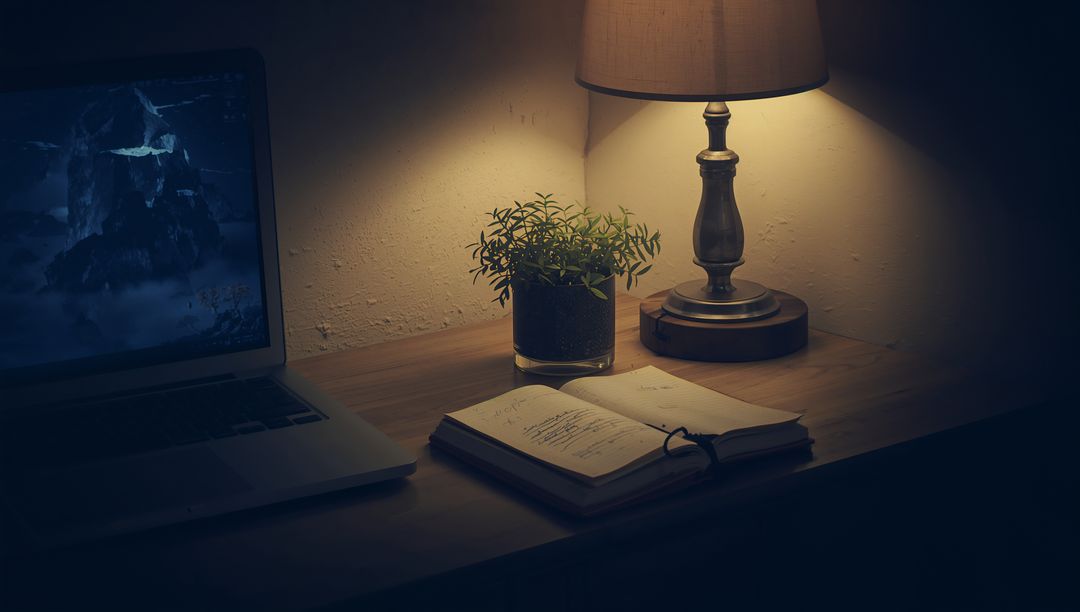 Cozy home office desk with lamp, notebook, and laptop