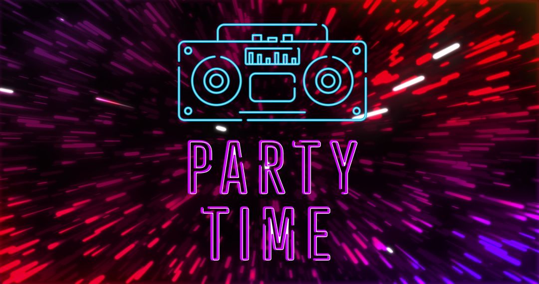Retro Party Time Neon Radio with Light Trails Background
