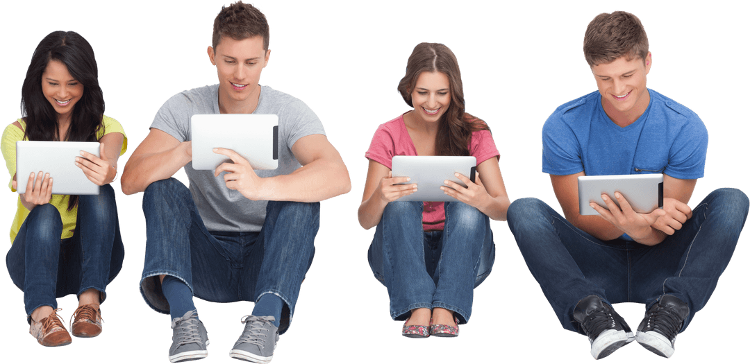 Friends Using Tablets with Transparent Background