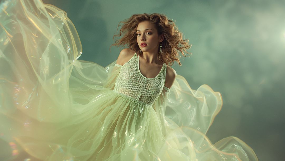 Elegant Model in Flowing Green Gown with Dynamic Movement