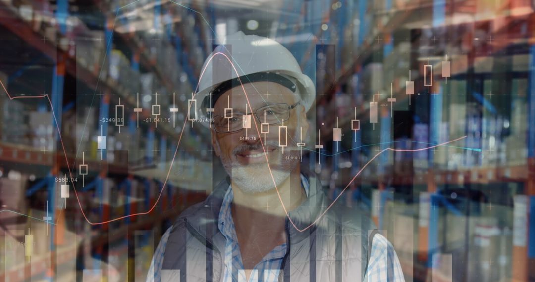 Warehouse Worker with Financial Data Overlay