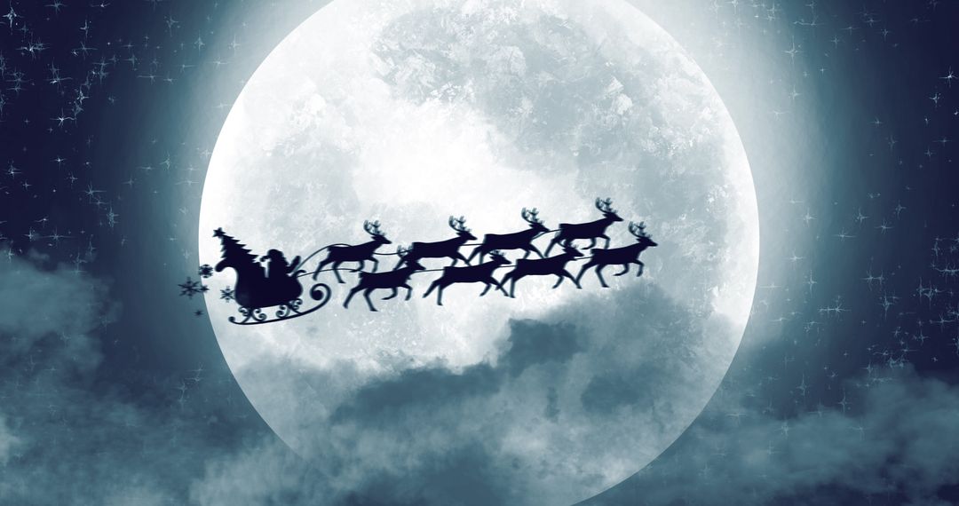 Santa Sleigh Flying Across Full Moon Silhouette - Free Images, Stock Photos and Pictures on Pikwizard.com