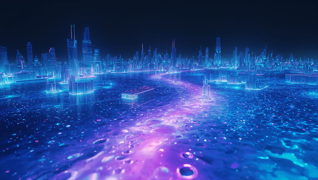 Futuristic Neon Cityscape with Winding Luminescent Pathway