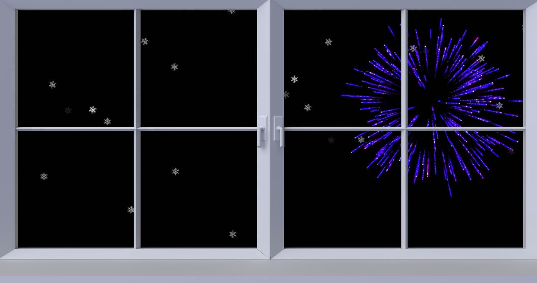 Festive Fireworks Viewed Through Window on Starry Night