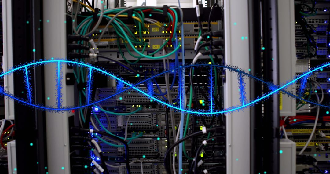 Digital DNA Strand in High-Tech Server Room