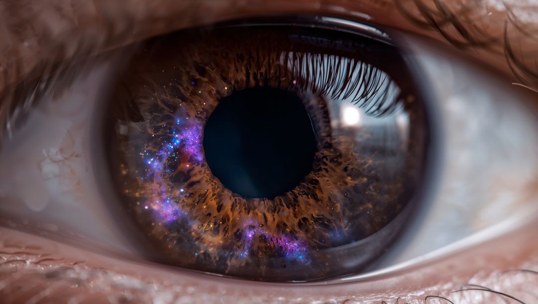 Macro brown iris revealing cosmic nebula reflections, detailed pupil, lashes and cornea