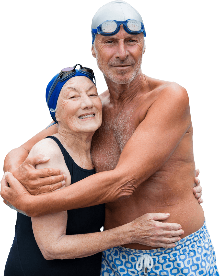 Senior Couple Embracing Happily in Swimwear Issuing Unity Symbol