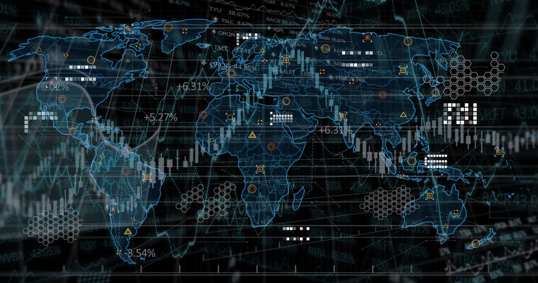 Futuristic World Map with Financial Data Displays