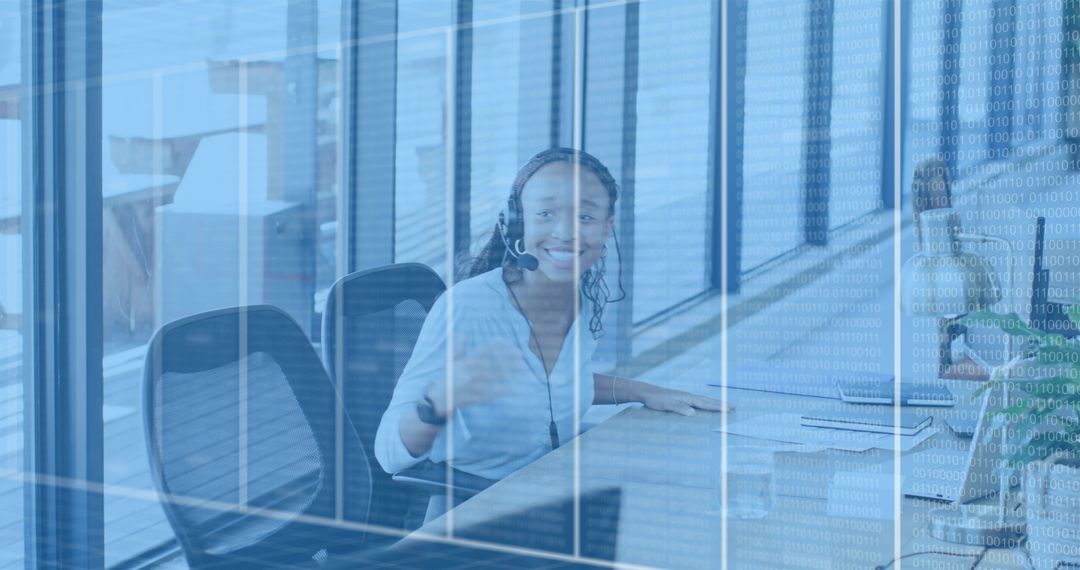 Smiling customer support agent wearing headset in office with digital binary overlay