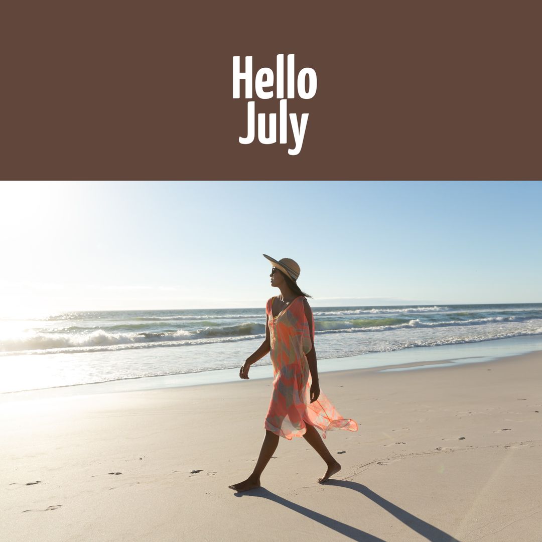 Woman Walking on Beach with Hello July Greeting