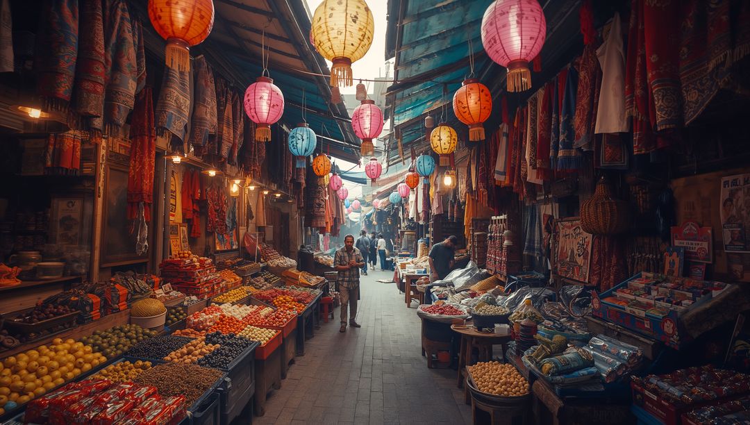 Man Strolling Through Asian Market Filled with Lanterns and Produce
