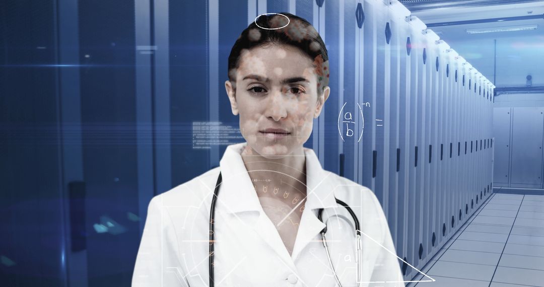 Doctor in Server Room with Futuristic Digital Overlay
