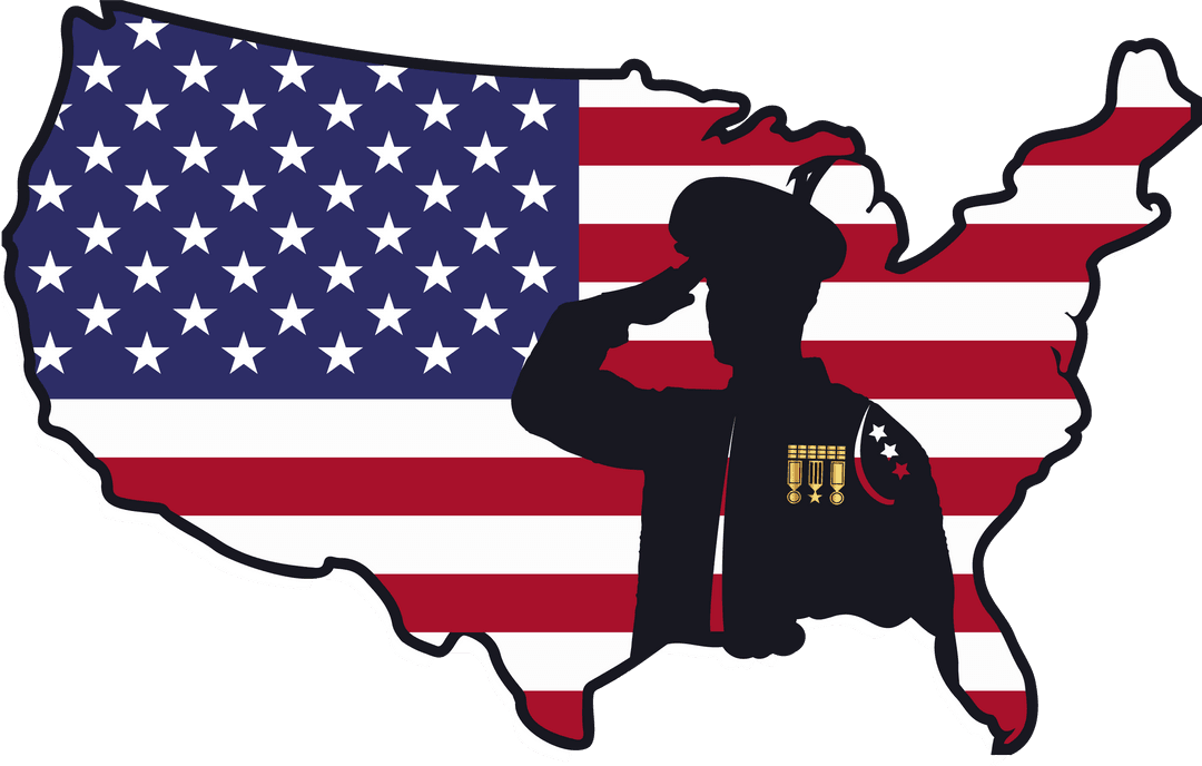 Saluting Soldier Silhouette on Transparent USA Flag Map