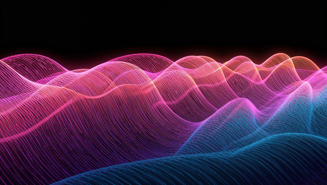 Flowing Neon Wireframe Waves Featuring Iridescent Gradient and Glowing Edges