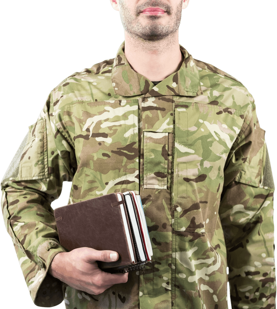 Transparent Soldier Holding Books in Military Uniform
