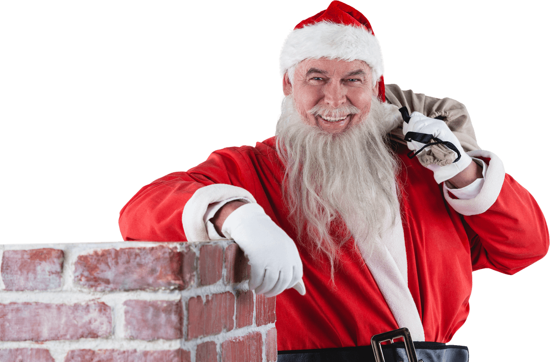 Transparent Santa Claus with Gift Bag by Chimney Smiling