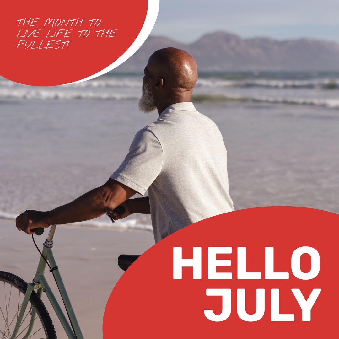 Hello July: Man Enjoying Beach with Bicycle for Summer Adventure