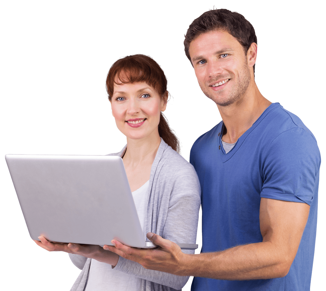 Smiling Couple Using Transparent Background Laptop