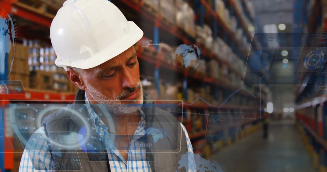 Warehouse Worker in Hard Hat with Futuristic Digital Overlays