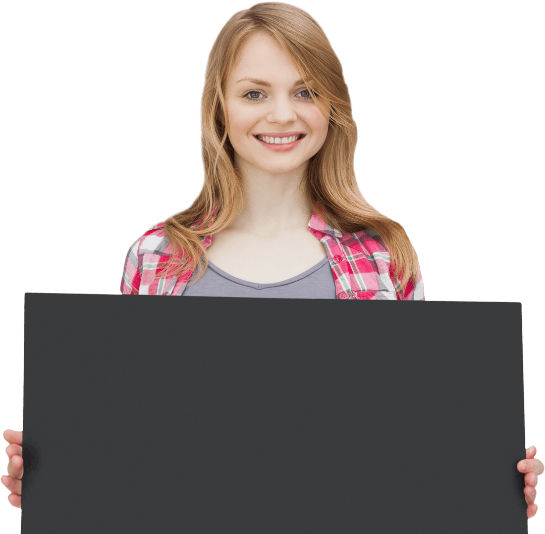 Cheerful Woman Holding Blank Board on Transparent Background