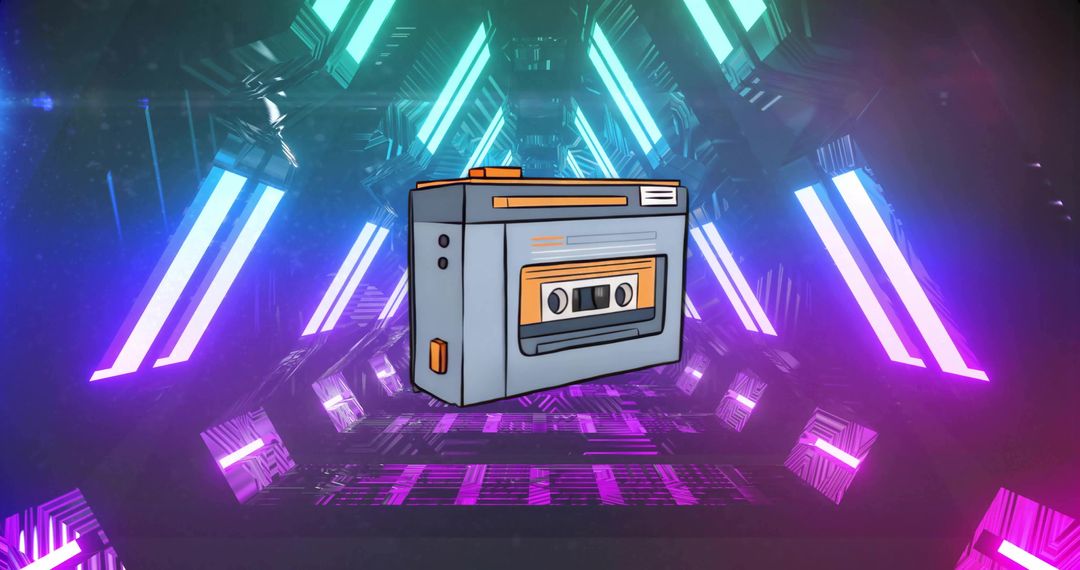 Floating Retro Cassette Boombox in Neon Cyberpunk Tunnel with Synthwave Lighting