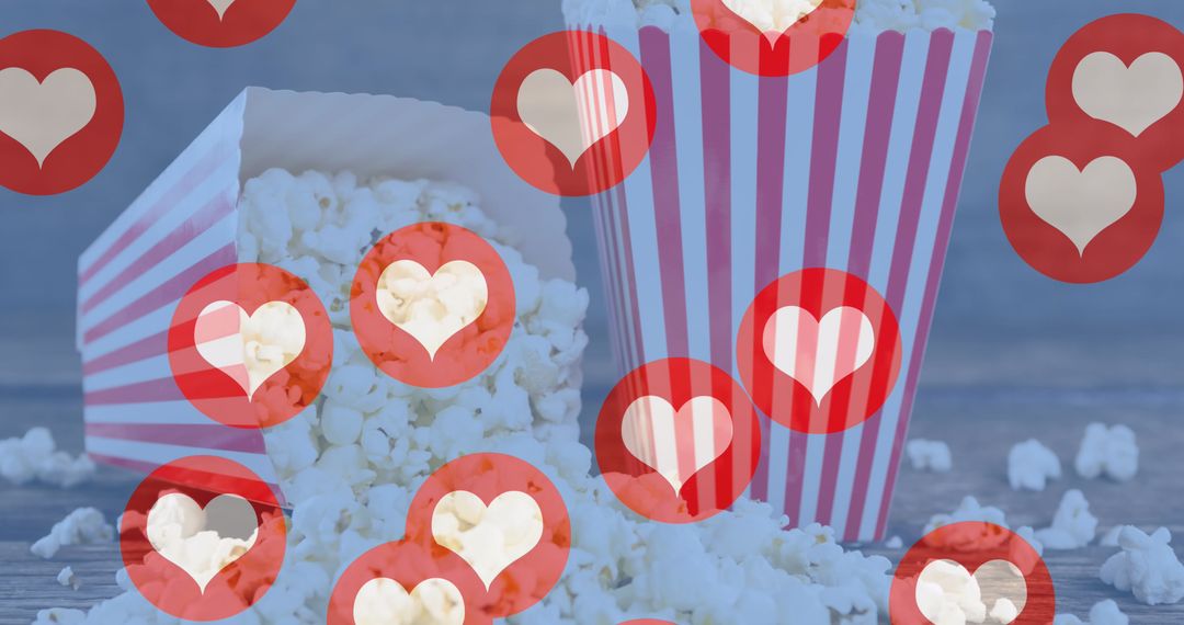 Floating Heart Icons Above Popcorn in Striped Tubs - Free Images, Stock Photos and Pictures on Pikwizard.com