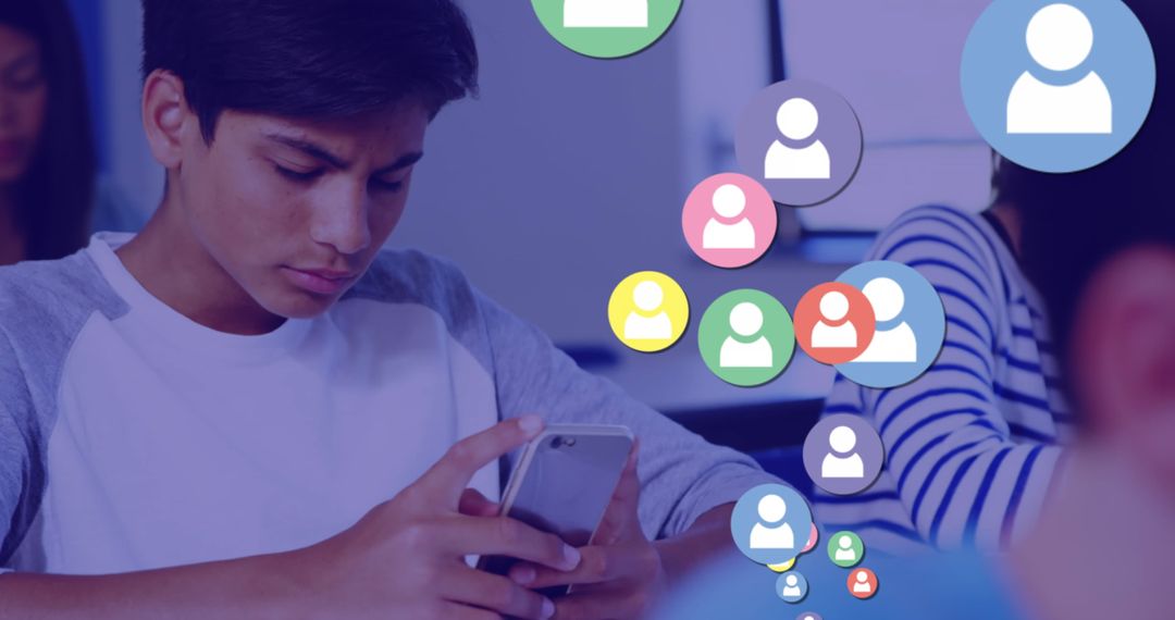 Teenager Using Smartphone in Class with Social Media Icons