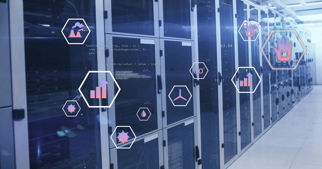 Futuristic Data Icon Projections in Modern Server Room
