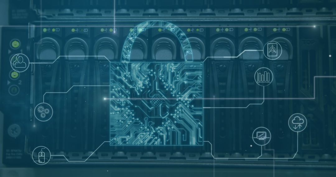 Cybersecurity Concept with Padlock Overlay on Server