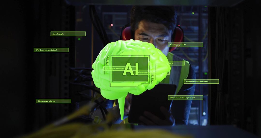AI Interface Analyzing Data with Technician in Server Room