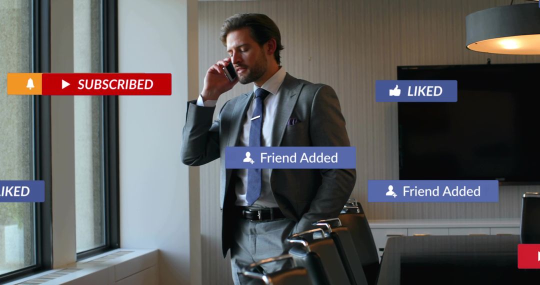 Businessman talking on phone in boardroom with social media notification overlays