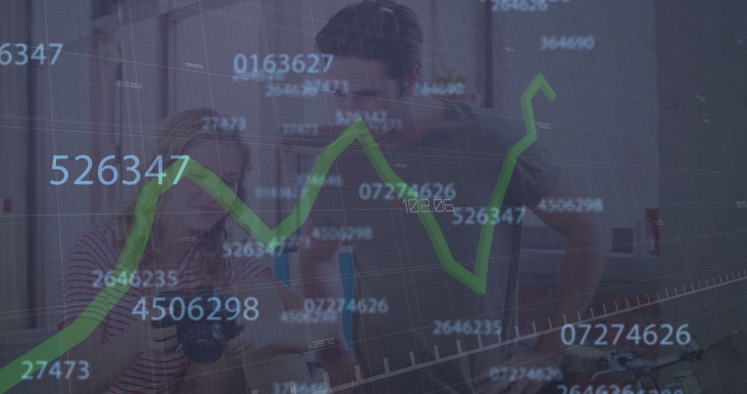 Caucasian Couple Discussing Data Analytics in Futuristic Setting