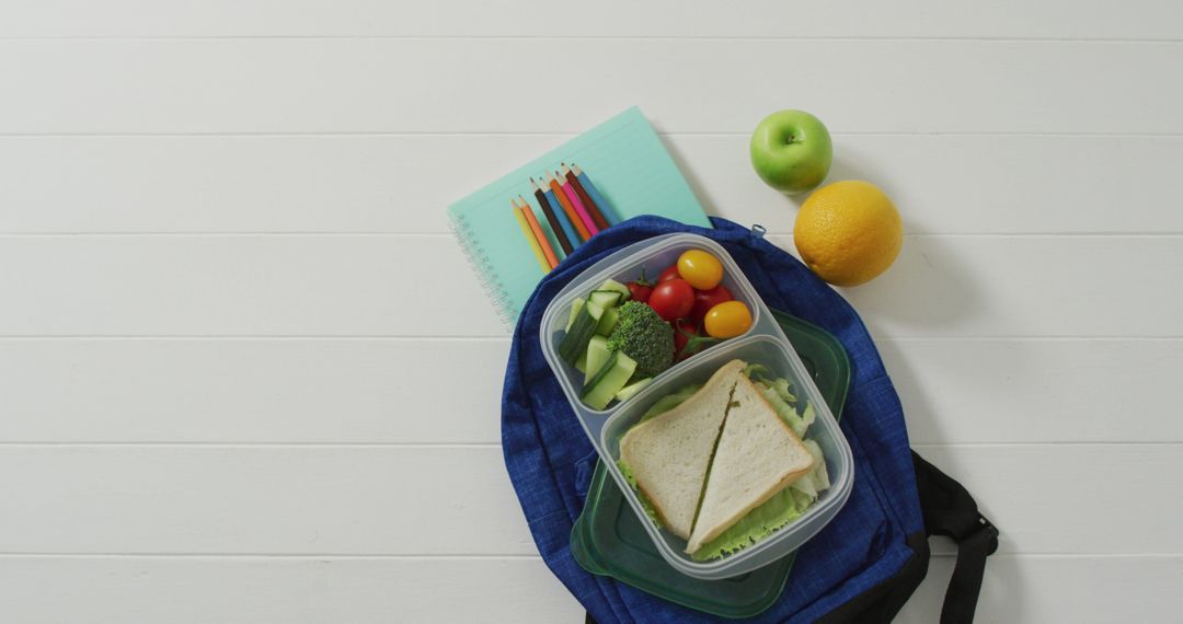 Healthy School Lunch with Fresh Fruits and Vegetables in Backpack