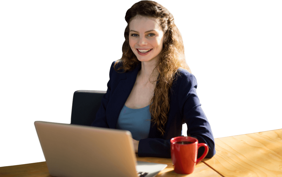 Transparent Smiling Businesswoman Working with Coffee and Laptop