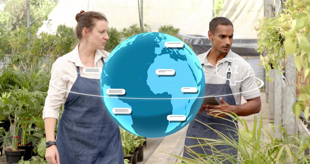 Nursery workers using tablet with AI globe overlay for smart greenhouse crop analytics