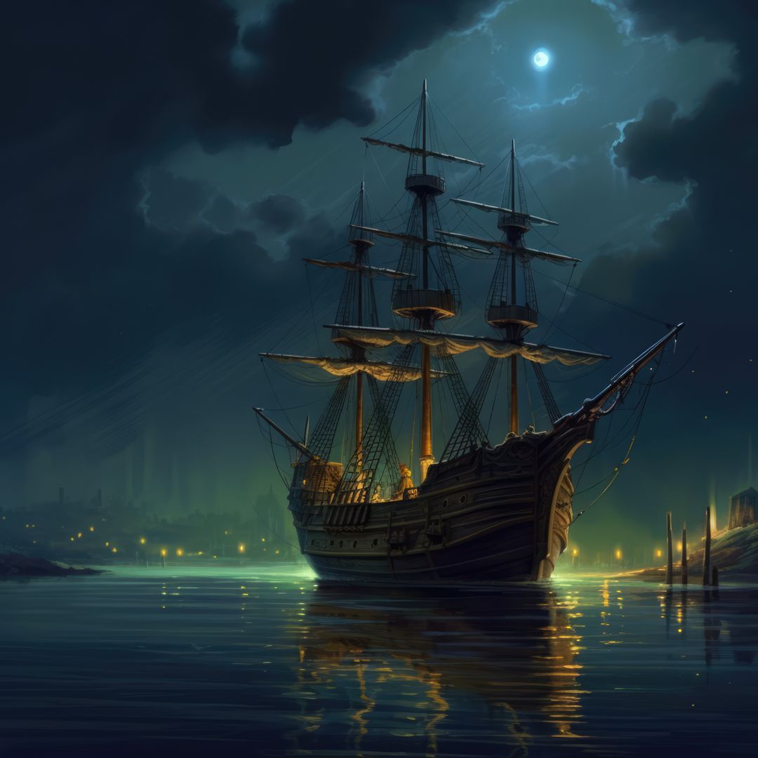 A majestic sailing ship glides through the night waters - Free Images, Stock Photos and Pictures on Pikwizard.com