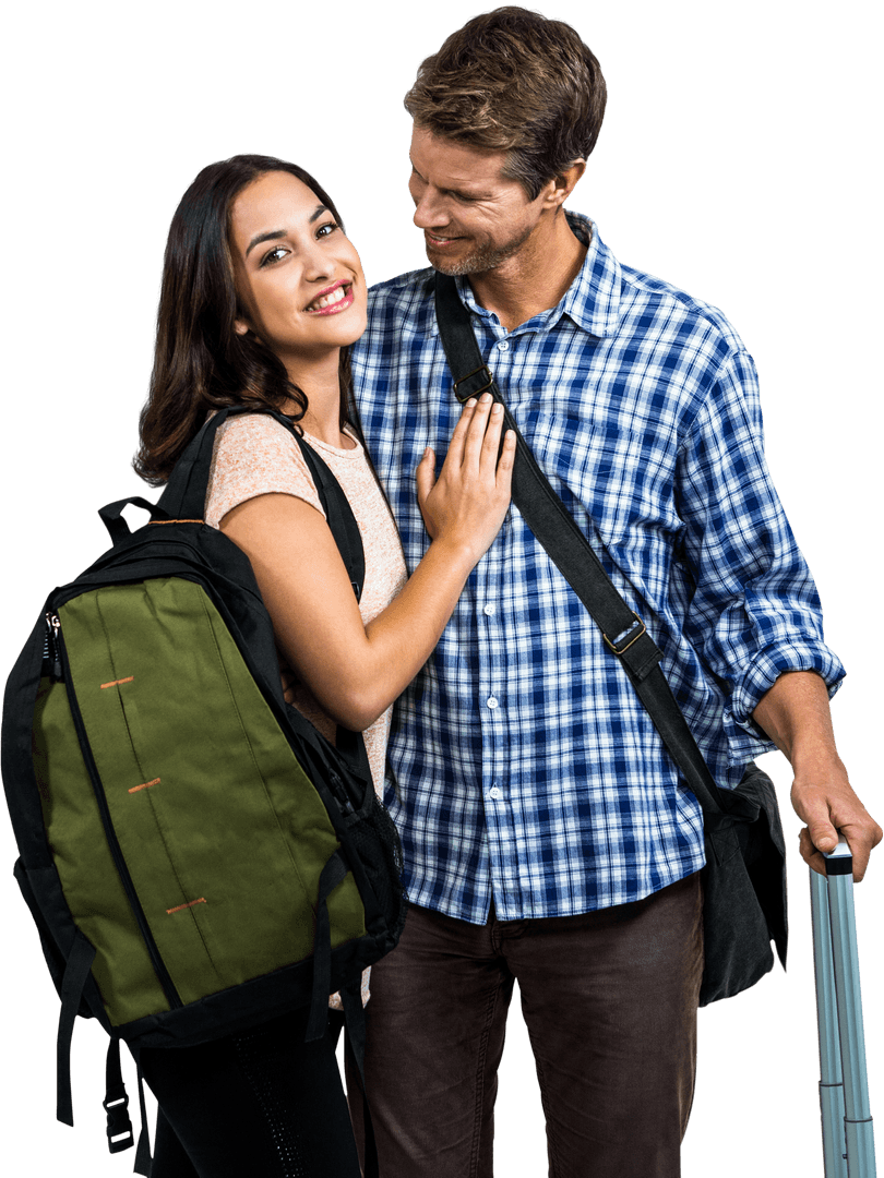 Happy Couple Embracing with Travel Bags on Transparent Background