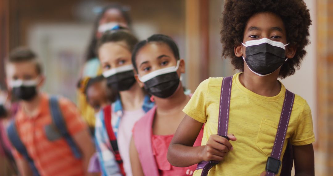 Diverse Schoolchildren Lined Up Wearing Face Masks During Pandemic