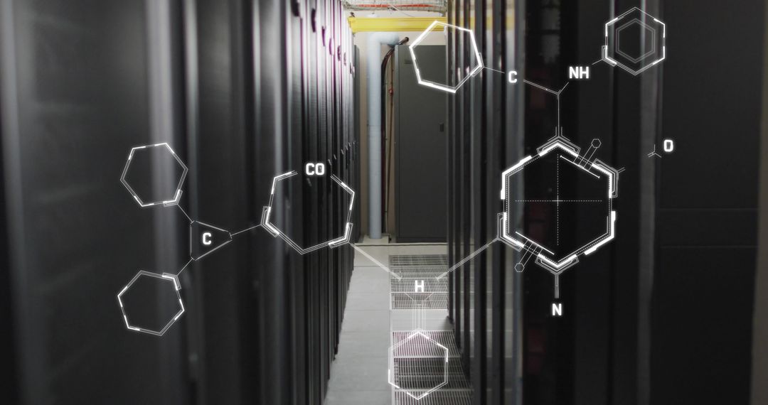 Futuristic Molecular Structure Overlay in Data Center